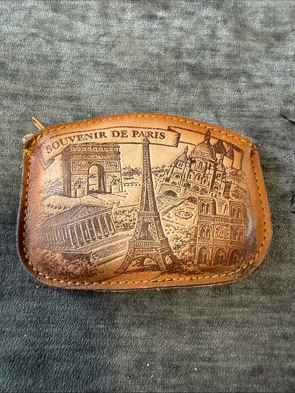 Souvenir de Paris Embossed Real Leather Coin Pouch - Brown